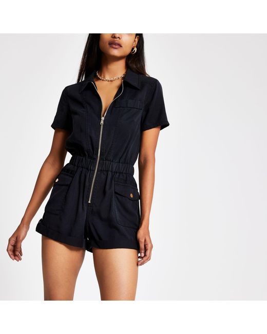 Cotton Petite Black Utility Playsuit | Lyst