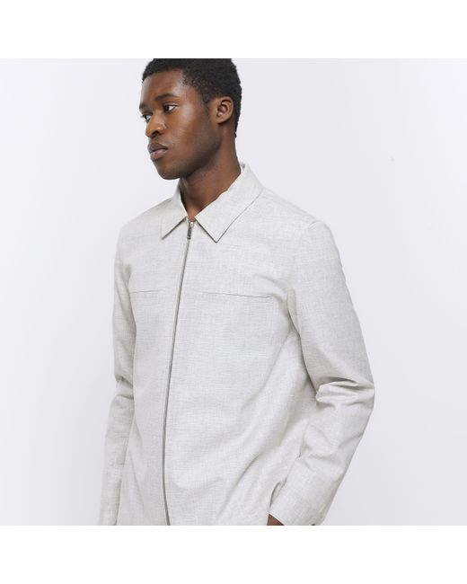 River Island White Grey Slim Fit Textured Harrington Jacket for men