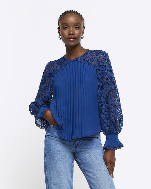 River Island Blue Navy Plisse Lace Sleeve Blouse