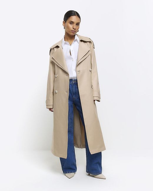 River Island White Petite Beige Double Collar Belted Trench Coat
