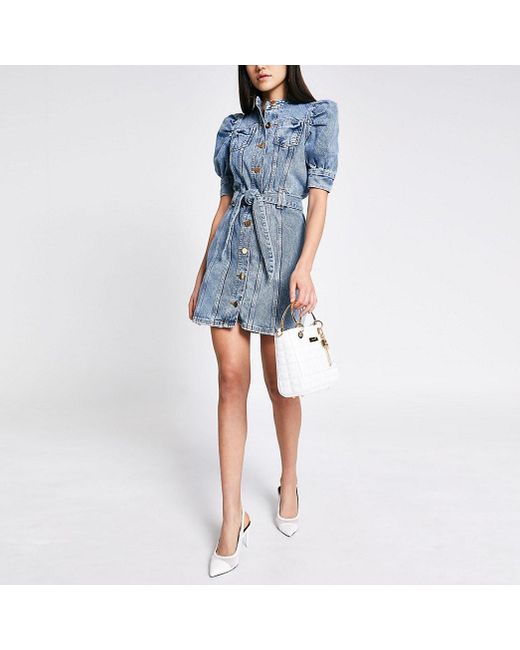 Puff Sleeve Tie Belted Mini Denim Dress 