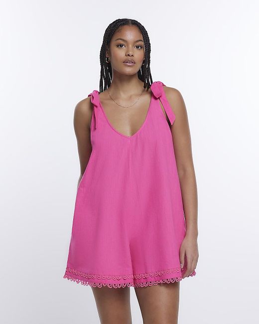 River Island Pink Tie Up Straps Playsuit