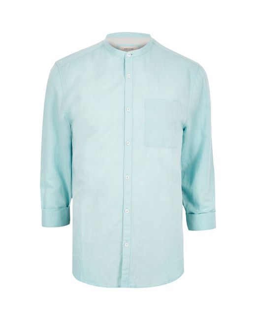 River Island Mint Green Linen-rich Grandad Collar Shirt for Men | Lyst UK