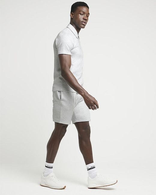River Island White Grey Slim Fit Textured Shorts for men