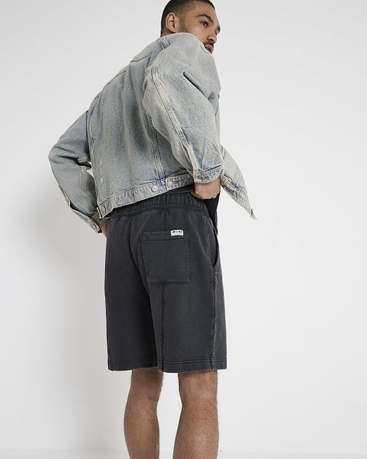 River Island Gray Washed Black Regular Fit Loopback Shorts for men