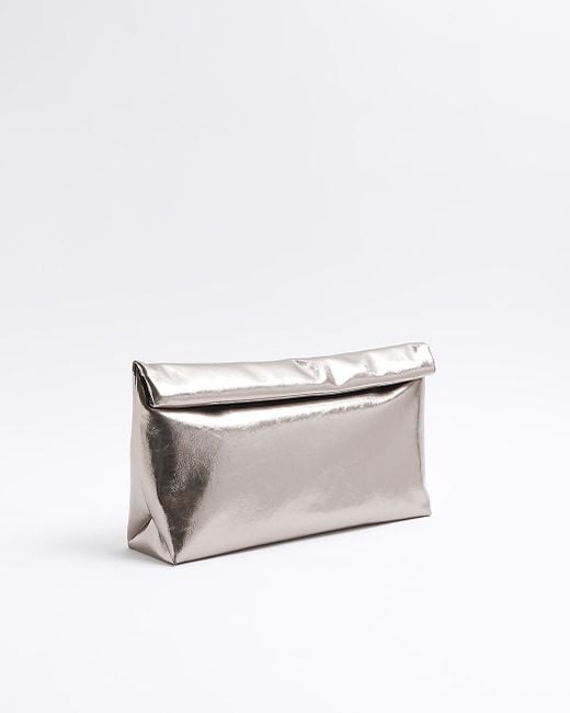 River Island White Silver Roll Top Clutch Bag