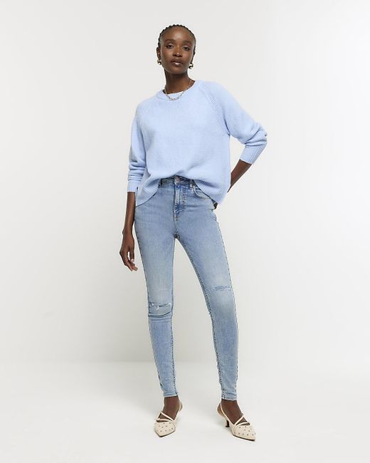 River Island Blue High Waisted Ripped Skinny Jeans