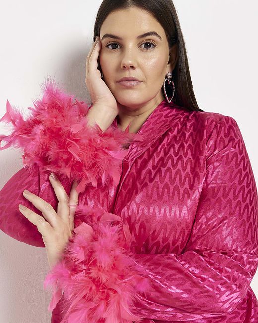 River Island Plus Pink Satin Feather Trim Wrap Mini Dress