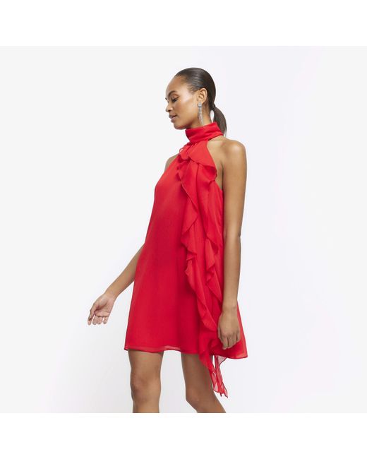 River Island Red Frill Halter Shift Mini Dress