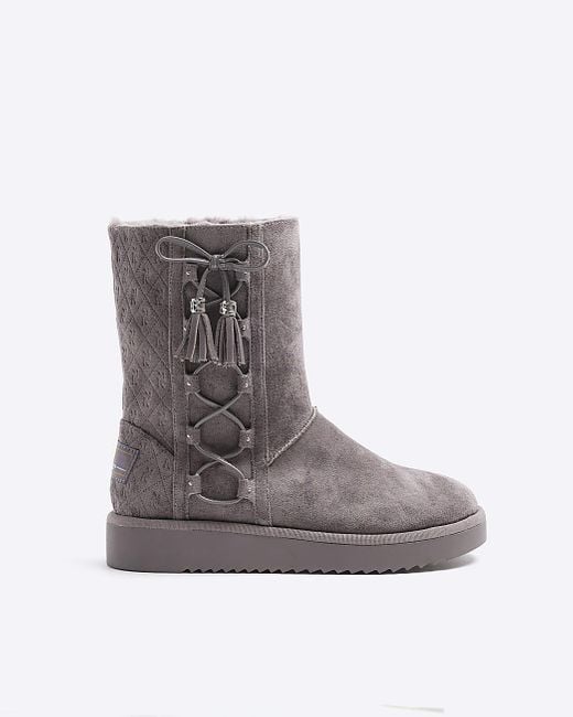 River Island Gray Suedette Embossed Ankle Boots