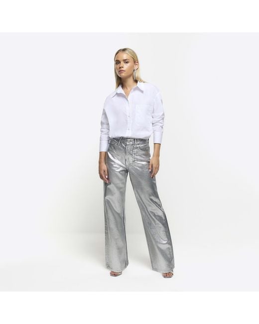 River Island White Petite Silver Straight Coated Jeans