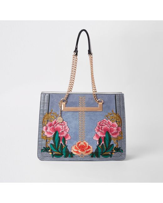 Grey floral embroidered tote bag deals