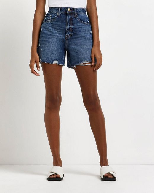 River Island Blue Ripped Denim Shorts 