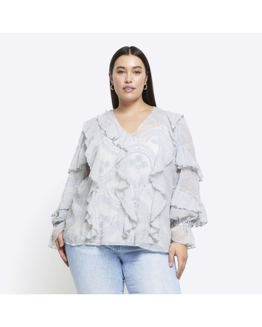 River Island Gray Plus Blue Embroidered Frill Blouse