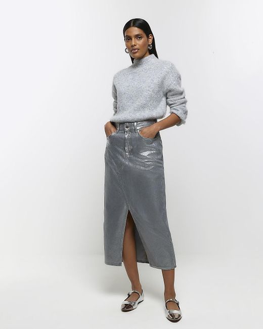 River Island Gray Coated Denim Midi Skirt