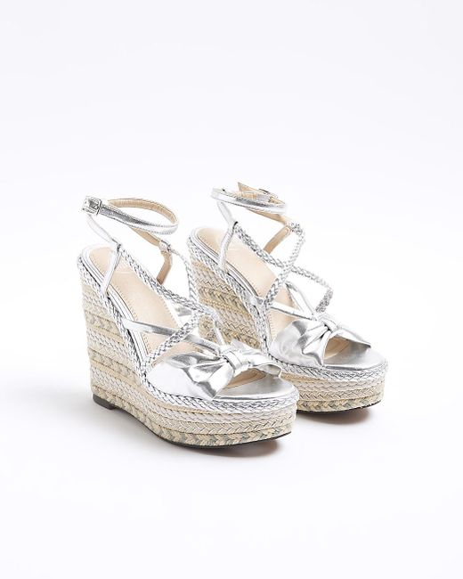 River Island White Silver Strappy Wedge Espadrille Sandals