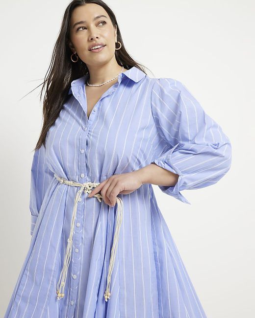 River Island Plus Blue Stripe Belted Mini Shirt Dress