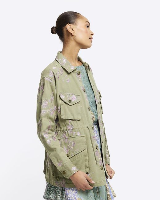 River Island Green Khaki Embroidered Floral Utility Shacket