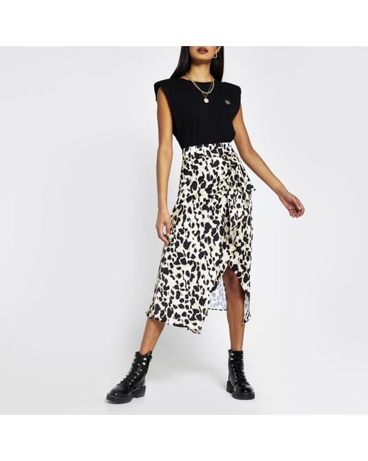 River Island Leopard Print Midi Wrap Skirt in Brown (Black) Lyst