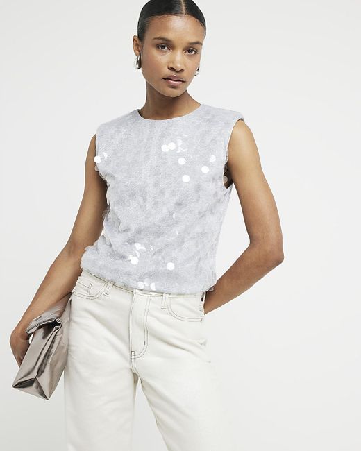 River Island White Silver Sequin Shoulder Pad Tank Top