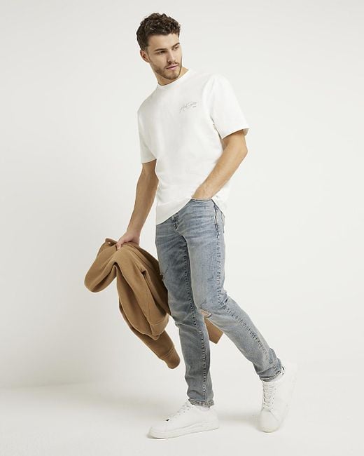 River Island White Ripped Skinny Fit Jeans for men