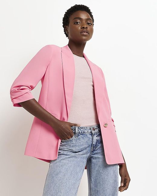 River Island Pink Ruched Sleeve Blazer 