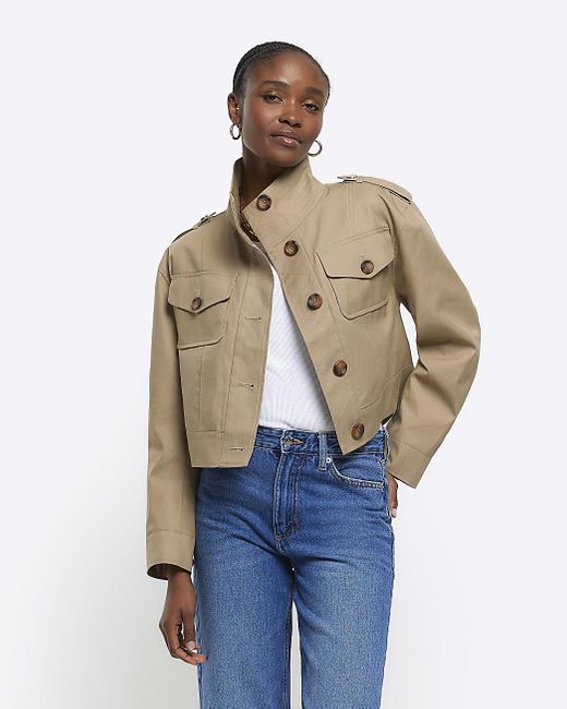 River Island Blue Beige Button Up Crop Trench Coat
