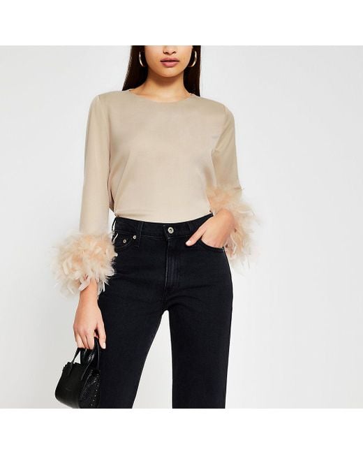 River Island Beige Long Sleeve Feather Cuff Top in Natural | Lyst