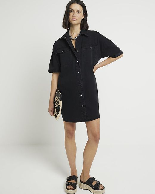 River Island Black Denim Mini Shirt Dress