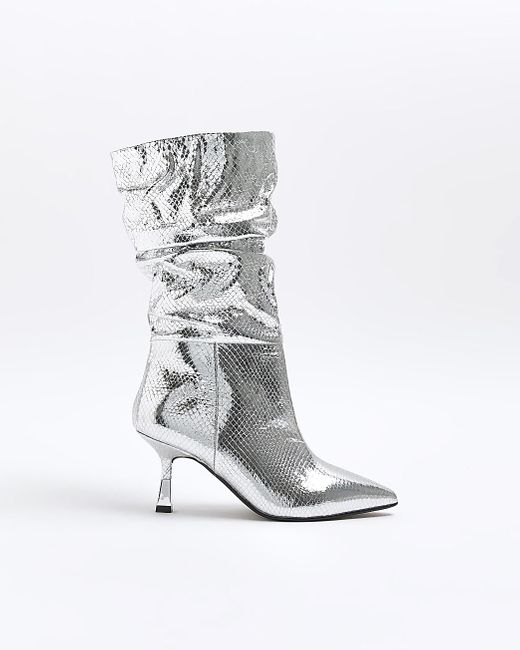 River Island White Metallic Slouch Heeled Boots