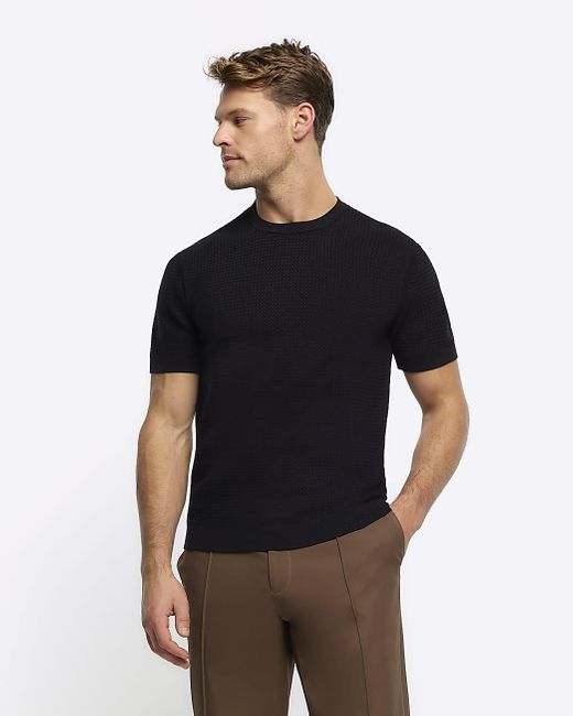 River Island Blue Black Slim Fit Textured Knit T-shirt for men