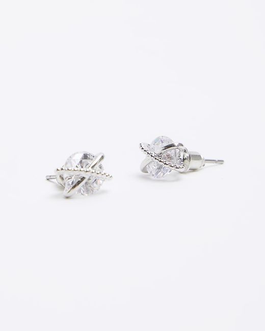 River Island White Silver Diamante Crossed Stud Earrings