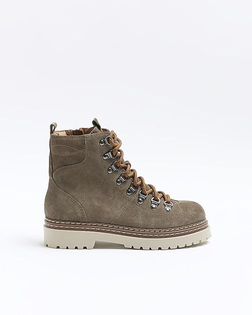 River Island Khaki Leather Hiker Boots in Brown | Lyst