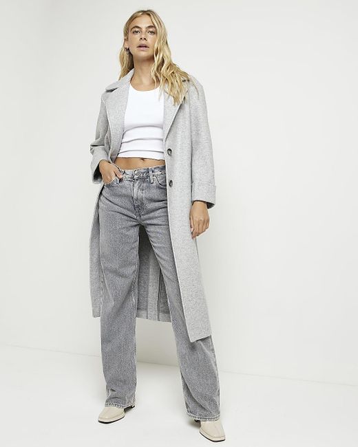 River Island Synthetic Long Sleeve Longline Coat in Grey (Gray) Lyst