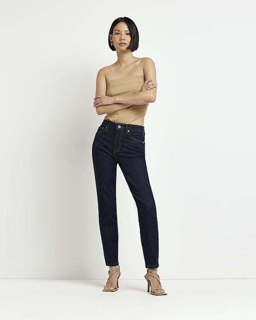 River Island Navy Mid Rise Stretch Slim Fit Mom Jeans in Blue | Lyst