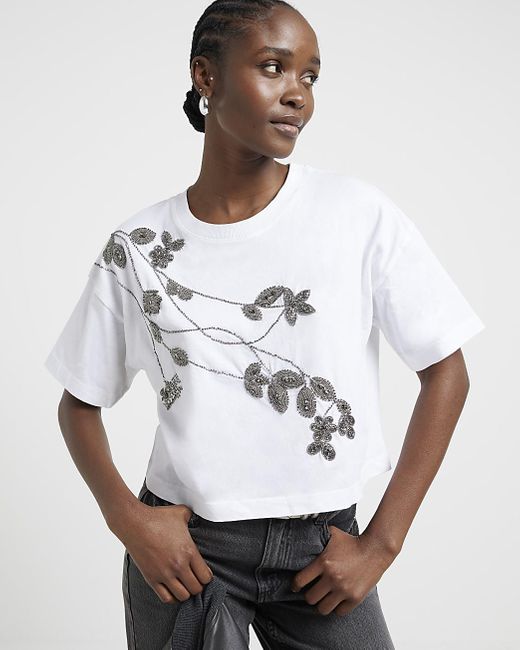 River Island White Ecru Floral Embellished T-shirt