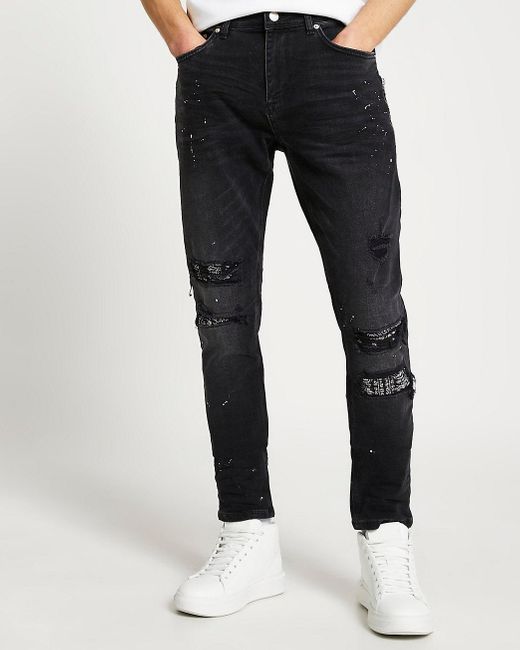 River Island Denim Paint Splat Ripped Slim-skinny Jeans in Black for Men -  Lyst