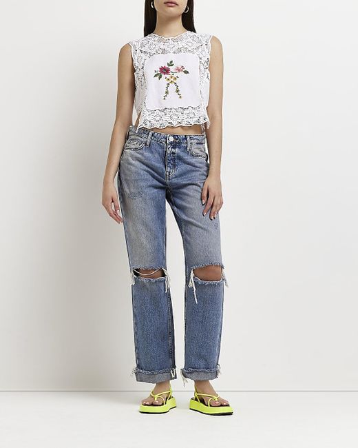 River Island Embroidered Lace Top in 