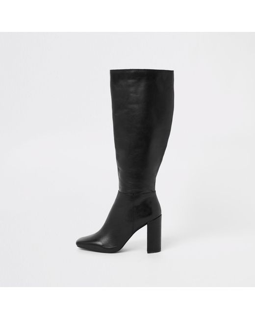 River Island Black Leather Square Toe Knee High Boots