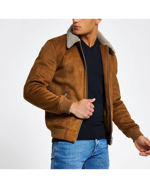 River Island Brown Light Faux Suede Borg Collar Jacket for men