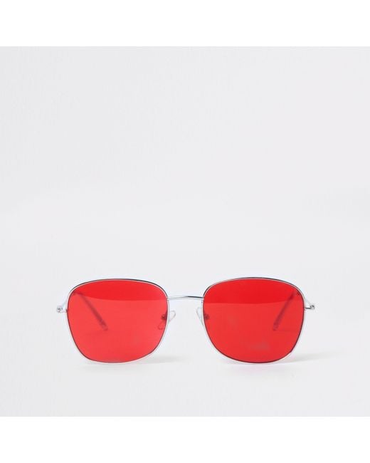 River Island Metallic Silver Tone Square Red Lens Sunglasses for men