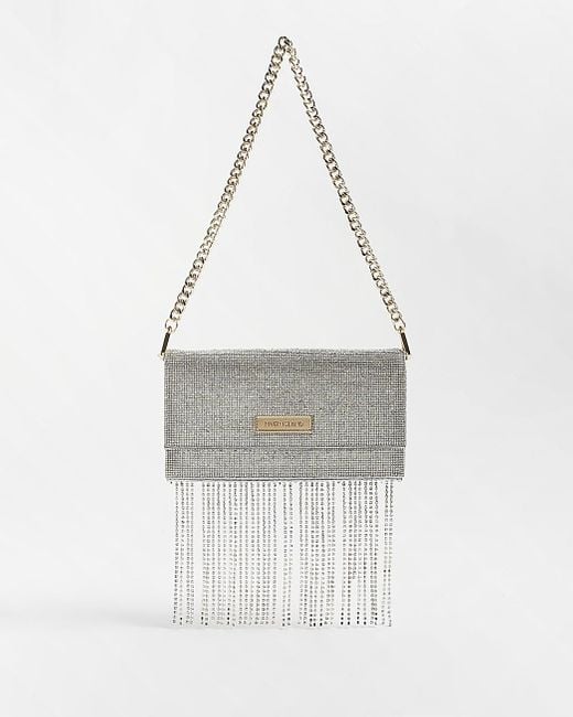 River Island Silver Diamante Fringe Clutch Bag in Grey (White) Lyst
