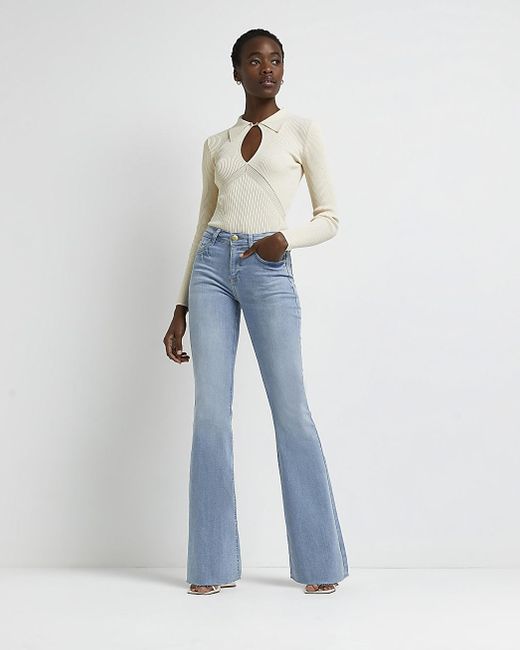 River Island Blue Mid Rise Flared Jeans