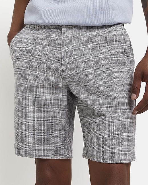 Grey Slim Fit Check Chino Shorts 