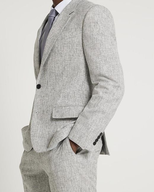 River Island Gray Grey Slim Fit Textured Suit Jacket for men