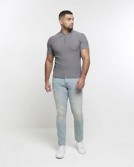 River Island Gray Grey Muscle Fit Knitted Half Zip Polo for men