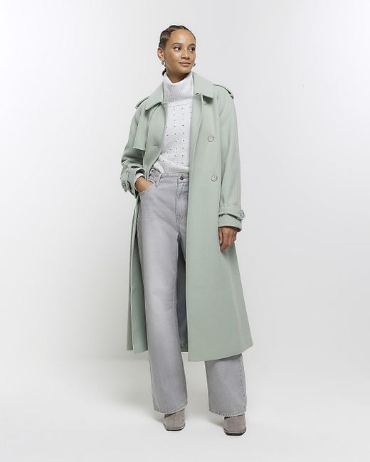 River Island Gray Green Belted Longline Trench Coat