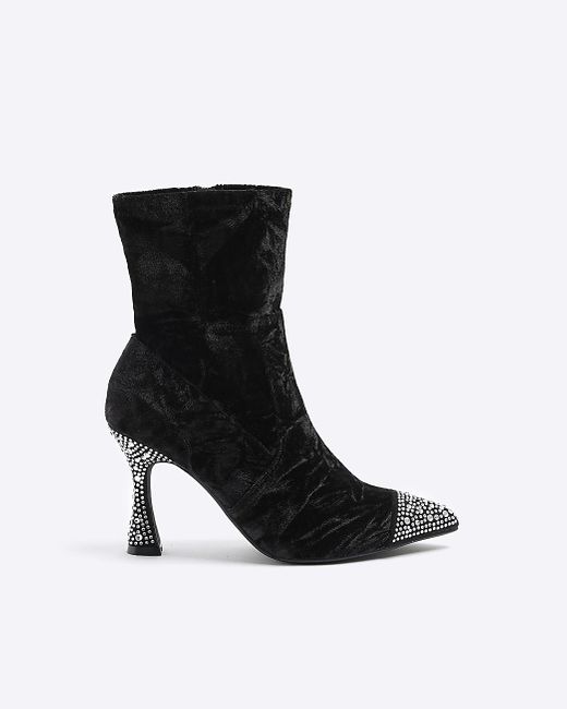 River Island Velvet Embellished Heeled Boots in Black | Lyst