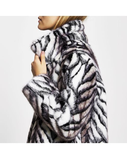 River Island Gray Long Line Faux Fur Zebra Print Coat