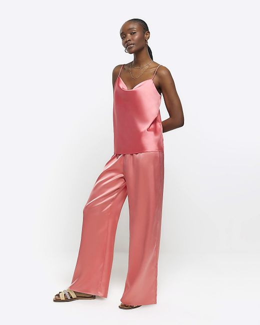 River Island Red Coral Satin Pull On Wide Leg Pants